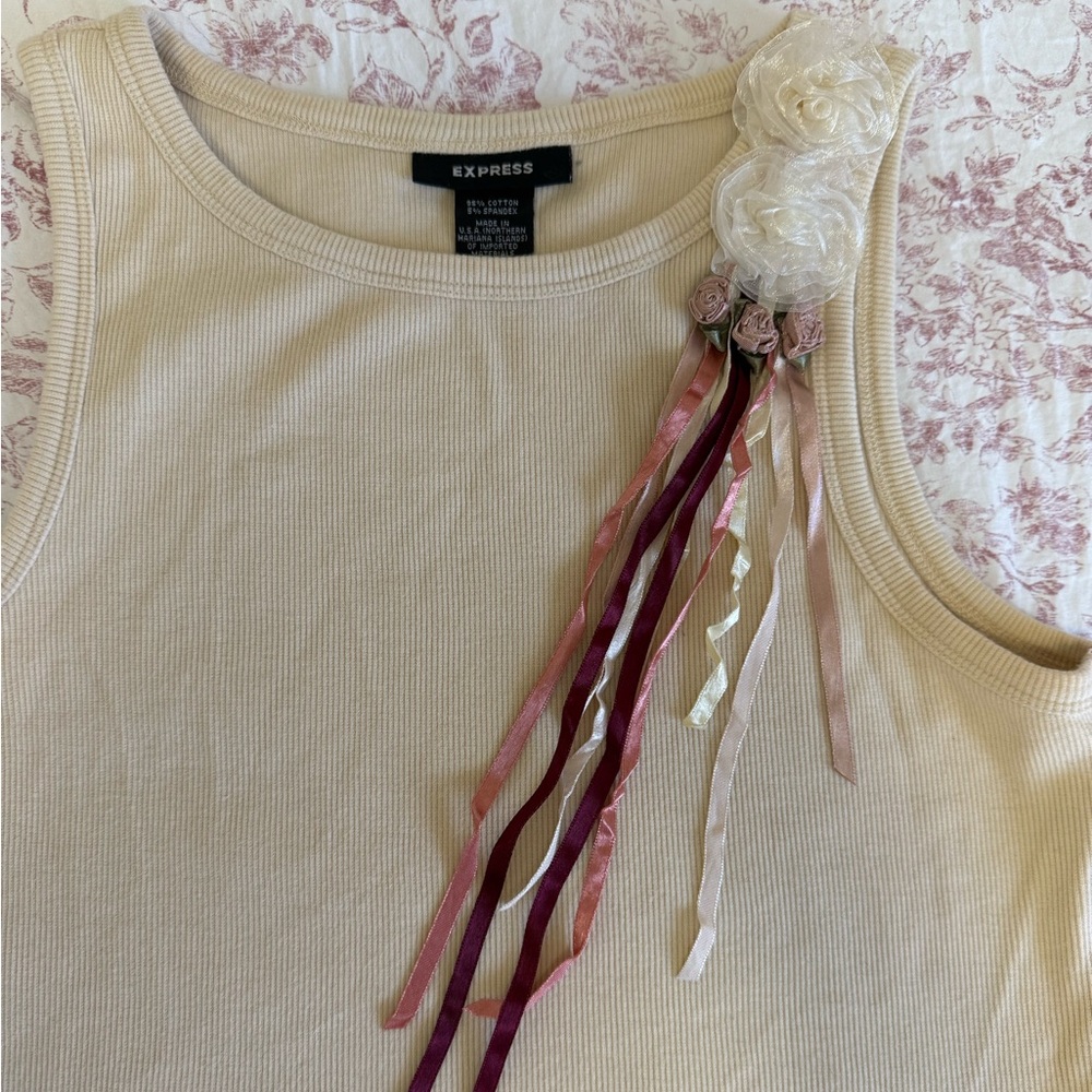 Express Cream Ribbed Tank with Pink Ribbon Floral Accent